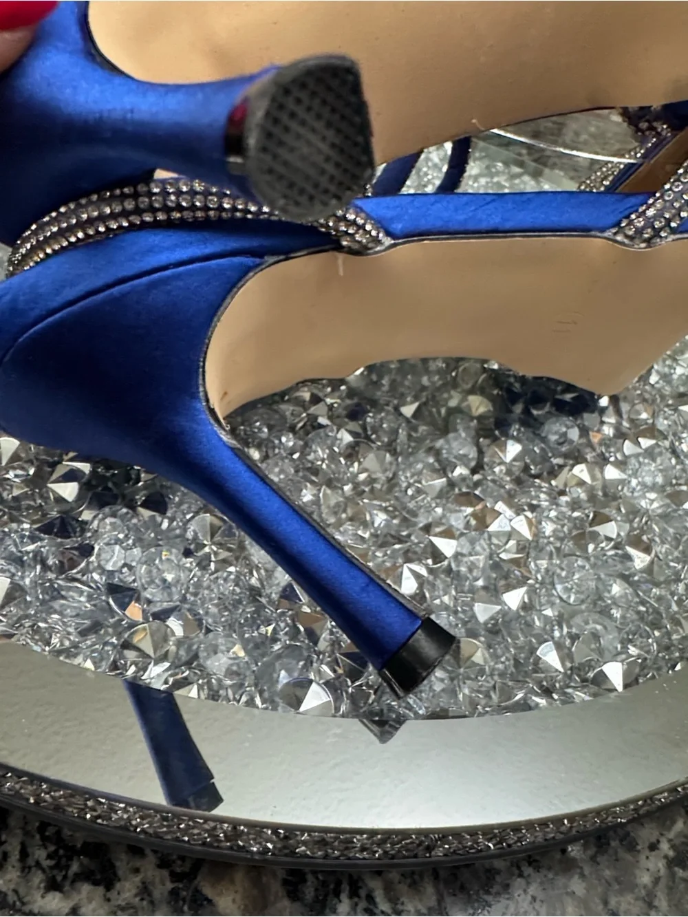 Crystal-Embellished Royal Blue Satin Slingback Heels EUC 11
